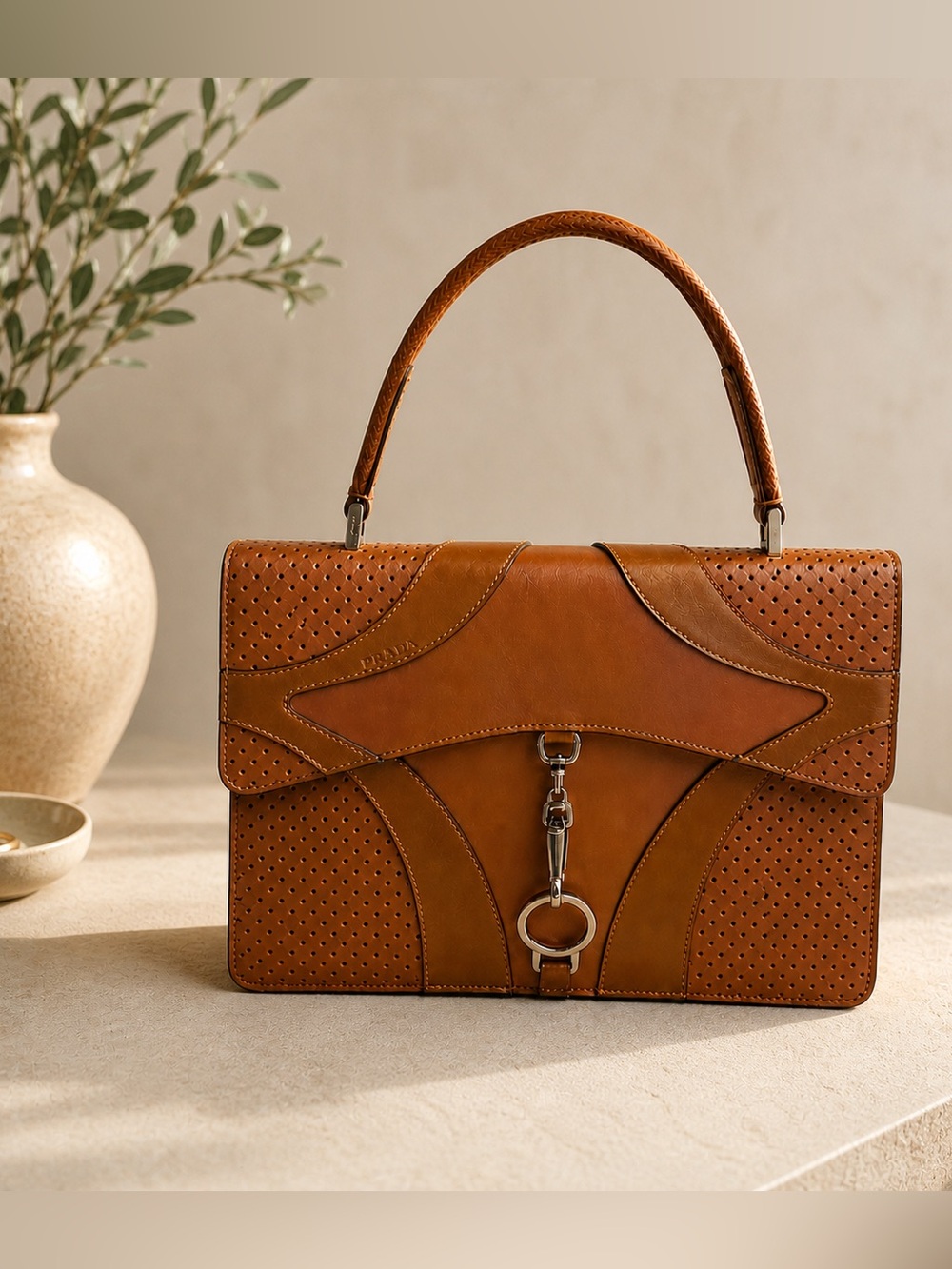 Prada Structured Leather Top Handle Bag Tan Micro-Perforated Made in Italy